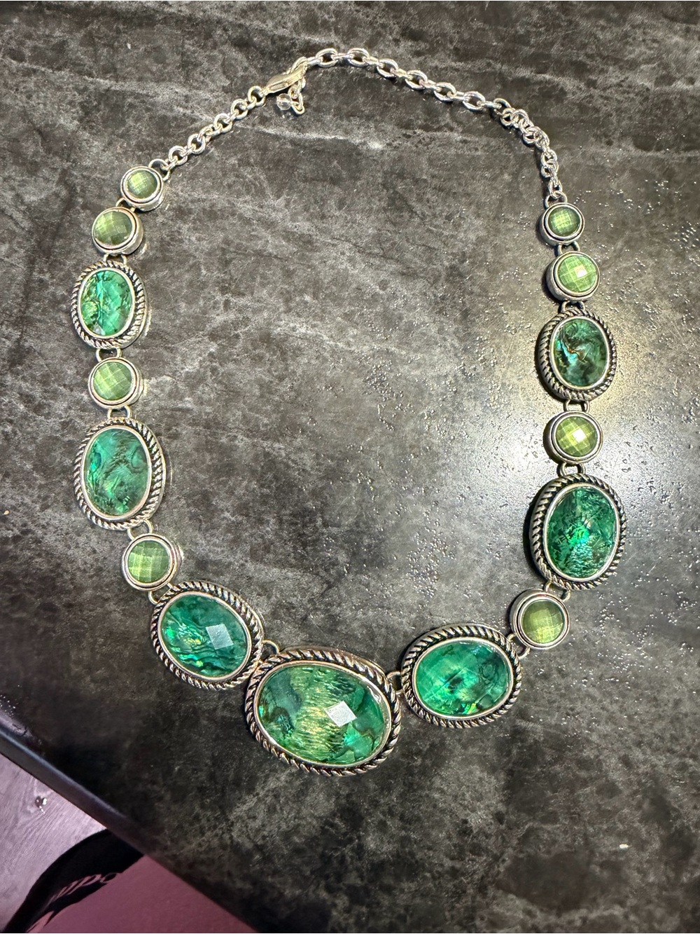 Emerald Green Statement Necklace with Silver-Tone Accents